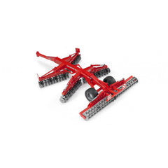 Red Bruder Kuhn Discover XL Disc Harrow toy with detailed rotating discs and rollers on a white background.