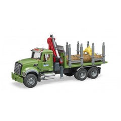 Green Bruder MACK Granite Timber Truck with a red crane, log grabber, and timber load on a flatbed.