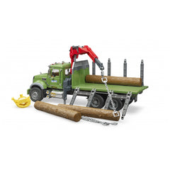 Green timber truck toy with red crane, loaded with faux logs, yellow log grabber, and detailed features for realistic play.