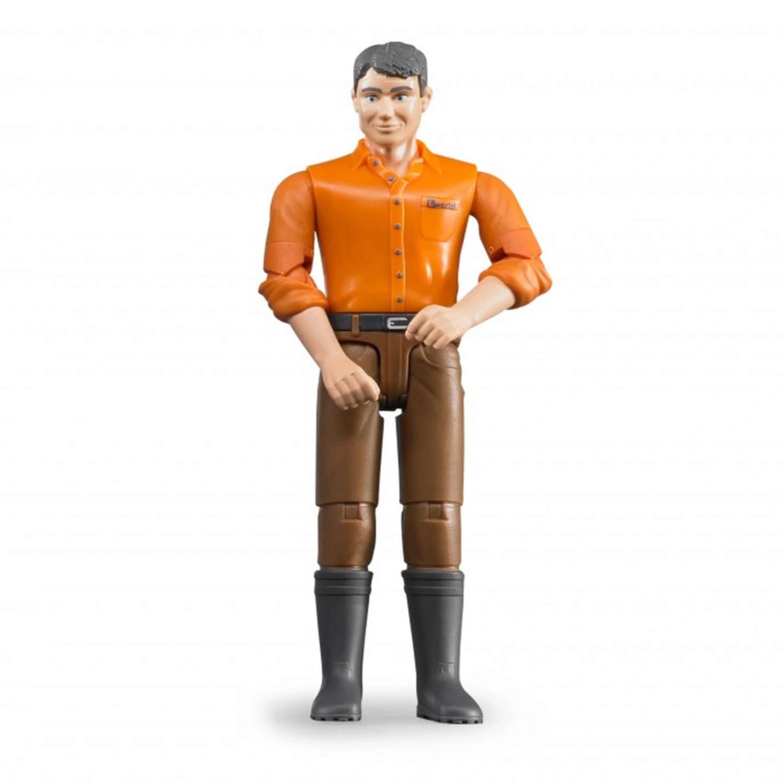 Toy action figure with light skin, orange shirt, brown jeans, and black boots, standing upright with movable limbs.