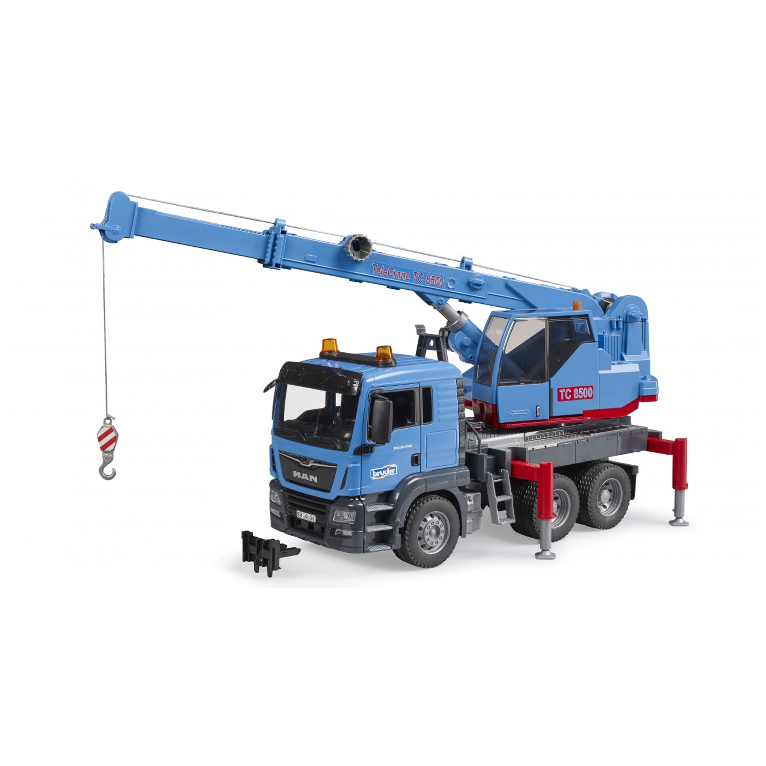 Blue Bruder MAN TGS crane truck toy with extended boom and red stabilizers, featuring detailed cab design.