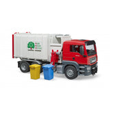 Red and white toy garbage truck with side-loading arm, yellow and blue trash bins, emphasizing reuse and recycling.