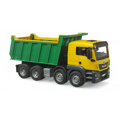 Yellow and green Bruder MAN TGS tipper truck toy with detailed cab and realistic features.