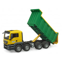 Yellow and green Bruder MAN TGS Tipper Truck with raised bed, showcasing six wheels and detailed cab design.