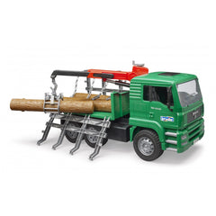 Green Bruder MAN Timber Truck with loading crane and logs secured with chains, perfect for imaginative play.