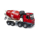 Red and white Bruder MB Arocs cement mixer toy truck with detailed cab and rotating drum on a white background.