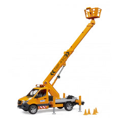 Orange MB Sprinter toy with extended work platform and cones, designed for imaginative play in construction scenarios.