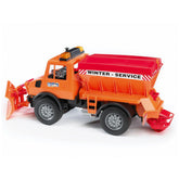 Orange Bruder MB Unimog toy truck with snow plough, labeled "Winter Service", showcasing realistic details.