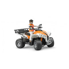 Orange and white quad toy with driver in helmet, featuring realistic details and rugged tires, by Bruder.