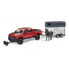 Red toy RAM 2500 truck with a black horse and trailer.