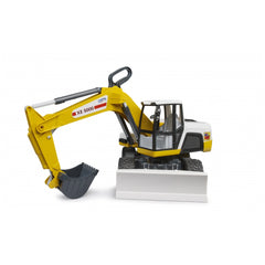 Yellow and white Bruder ROADMAX Excavator toy with movable arm and bucket, designed for young children.