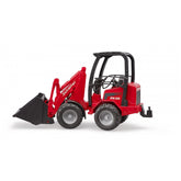 Red Bruder Schäffer Compact Loader 2630 with functioning bucket and kink steering, shown in side view.