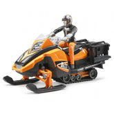 Orange and black snowmobile toy with driver figure in helmet, featuring BS77 design and dual-axle suspension.