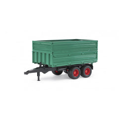 Green tandem axle tipping trailer with red wheels and a removable top, designed for realistic farming play.