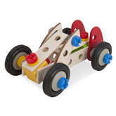 Eichhorn Constructor Racer Car features a wooden frame, black wheels, red and yellow axles, and blue plastic connectors.