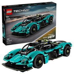 LEGO Technic Aston Martin Valkyrie construction set displayed with vibrant turquoise color and intricate detailing, showcasing gullwing doors and a visible V12 engine.