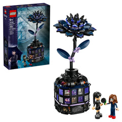 LEGO Black Dahlia Flower construction set featuring a black and purple flower on a decorative vase with mini figures from Wednesday.