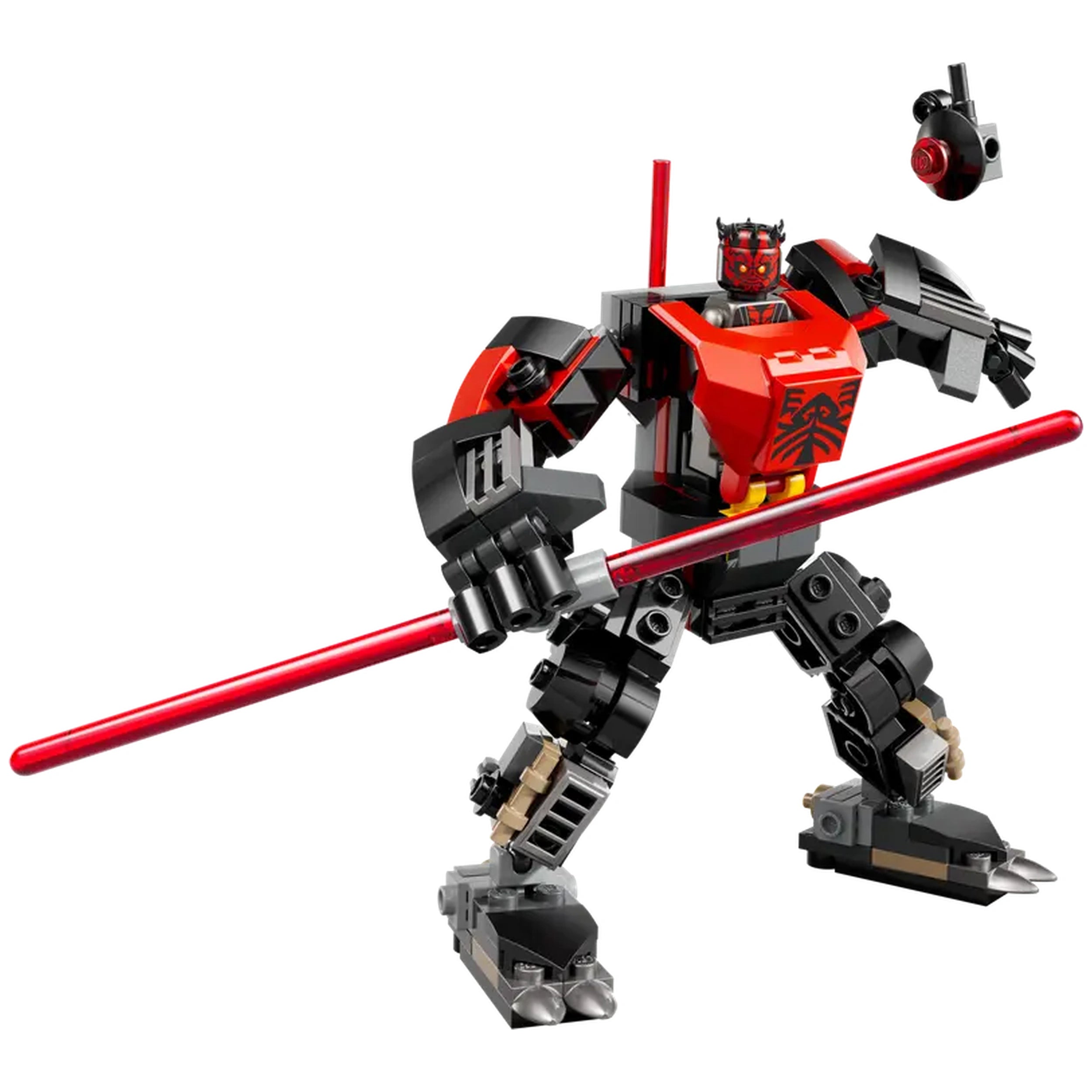 LEGO Darth Maul Mech standing with a red double-bladed Lightsaber, featuring posable limbs, intricate details, and a menacing design.