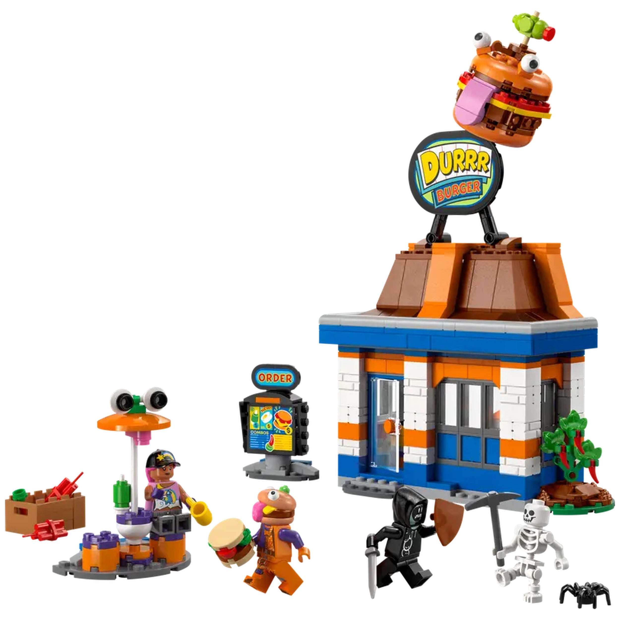 LEGO Fortnite Durrr Burger Restaurant set featuring a colorful building, playful characters, and fun accessories like a soda machine and condiment station.