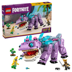 LEGO Fortnite Klombo Construction Set, featuring a colorful purple creature with movable legs and an open mouth, alongside two minifigures and a Klomberry bush.
