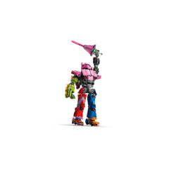LEGO Fortnite Mecha Team Leader building set, featuring a colorful robot figure with pink, green, and blue accents, holding a sword.