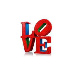 Colorful LEGO® art piece spelling "LOVE" in red, blue, and green, inspired by Robert Indiana's iconic sculpture.