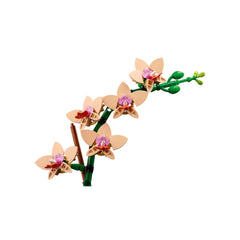 LEGO® Botanicals Mini Orchid set featuring five peach blooms, purple accents, and green leaves on a curved stem against a white background.