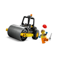 LEGO City Construction Steamroller with a vibrant yellow and black design, featuring a construction worker minifigure holding a shovel and wearing a hard hat.