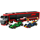 LEGO® City F1® Truck in red and black, with two detailed F1® race cars—one green and one blue—alongside miniature figures celebrating.
