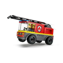 LEGO City Fire Ladder Truck featuring two firefighter minifigures, a bright red truck with a raised ladder, and detailed features.