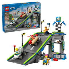 LEGO® City No Limits: Race Car Ramp Track set featuring two racing vehicles on a tall, vibrant ramp, with playful characters and colorful accessories.