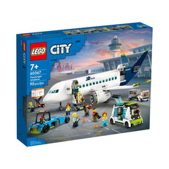 LEGO® City Passenger Airplane set featuring a detailed model airplane at an airport, with multiple minifigures and service vehicles.