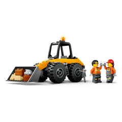 LEGO® City yellow construction Wheel Loader with large bucket, surrounded by two minifigures in safety gear celebrating their work.