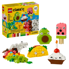 Colorful LEGO Classic Creative Food Friends set features adorable food characters: a taco, ice cream, cupcake, and avocado, arranged next to the vibrant box.