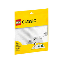 LEGO® Classic White Baseplate (11026) in packaging, featuring a large white surface with a colorful design showcasing mini-builds and a bright yellow background.