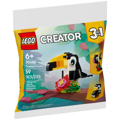 Colorful Tropical Toucan Lego set packaged with vibrant flower details, featuring the "3-in-1" construction design for creative play.