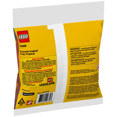 Yellow packaging displaying the Lego Creator Tropical Toucan set, featuring product details, safety warnings, and a colorful design.