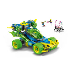 LEGO DREAMZzz Mateo and the Z-Blob Action Race Car set in vibrant blue, green, and yellow colors, featuring large wheels and intricate details. Two dynamic characters and a small spider figure are shown alongside the car, ready for creative adventures.