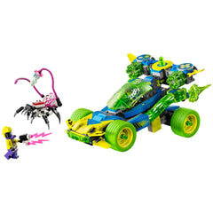 LEGO® DREAMZzz™ Mateo and the Z-Blob Action Race Car set featuring a vibrant blue and yellow race car with green wheels, intricate details like a removable windshield, and two characters: one shooting pink energy and a small spider figure.