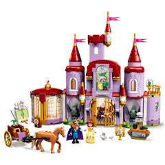 LEGO® Disney Belle and the Beast’s Castle set features a detailed purple castle with red towers, flags, and stained glass. Belle and the Beast figures are accompanied by Philippe the horse, a cart, and various accessories for interactive play.