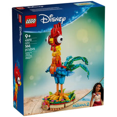 Colorful LEGO® Disney Heihei construction set box featuring a vibrant chicken model with posable features and a floral display base, alongside Moana.