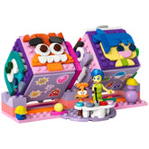 Colorful LEGO® Disney Inside Out 2 Mood Cubes set featuring two vibrant, emotion-themed cubes with unique facial expressions. The set includes Joy and Anxiety mini-doll figures, surrounded by mood plates and playful accessories, showcasing a creative play environment for children aged 9 and above.
