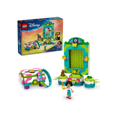LEGO® Disney Encanto Mirabel's Photo Frame and Jewelry Box set includes a colorful jewelry box, vibrant photo frame with flowers, and a Mirabel mini-doll figure holding a golden charm, all designed for imaginative play.