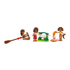 Two Moana-themed LEGO figures are depicted, one paddling a brown canoe and another interacting with a green playset featuring a small white animal. A third figure holds an orange umbrella and a brown accessory, all showcasing vibrant colors and detailing, perfect for imaginative play.