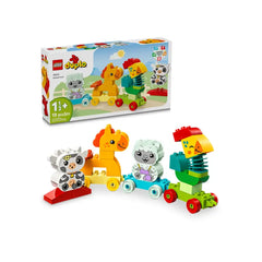 Colorful LEGO® DUPLO® Animal Train set with four buildable animal figures: rooster, horse, lamb, and cow, plus three train carriages.
