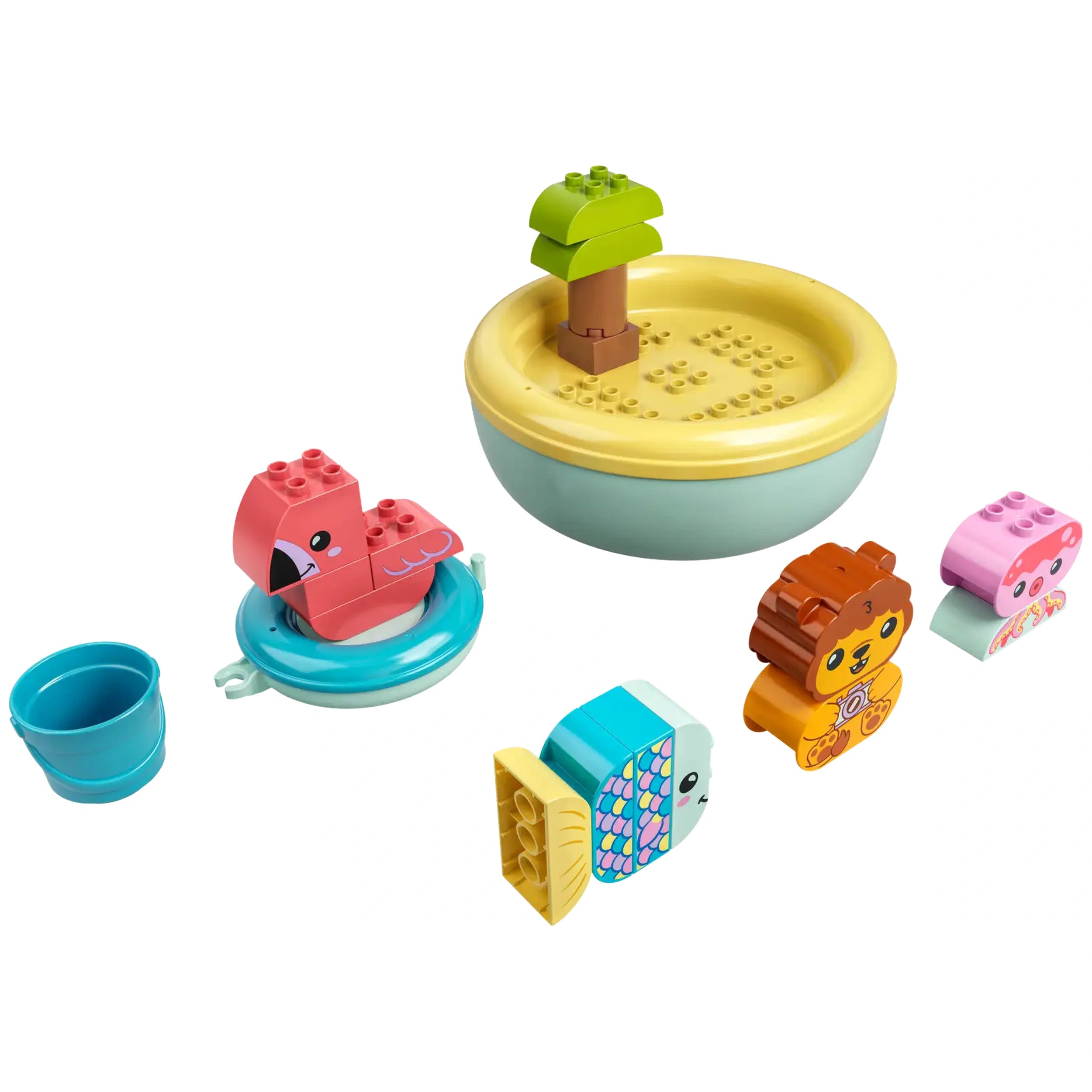 Colorful LEGO® DUPLO® bath playset featuring a floating animal island, including a pink flamingo, a lion, a fish, and an octopus, surrounded by a yellow and blue basin with a green tree.