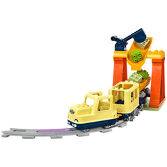 Colorful Lego Duplo Big Interactive Community Train set, featuring two yellow train cars on curved tracks, with a loading station in the background.