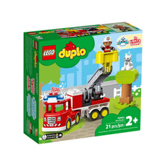 LEGO® DUPLO® Rescue Fire Truck construction set box featuring a red fire truck, a movable ladder, a child figure, and a tree with a cat.