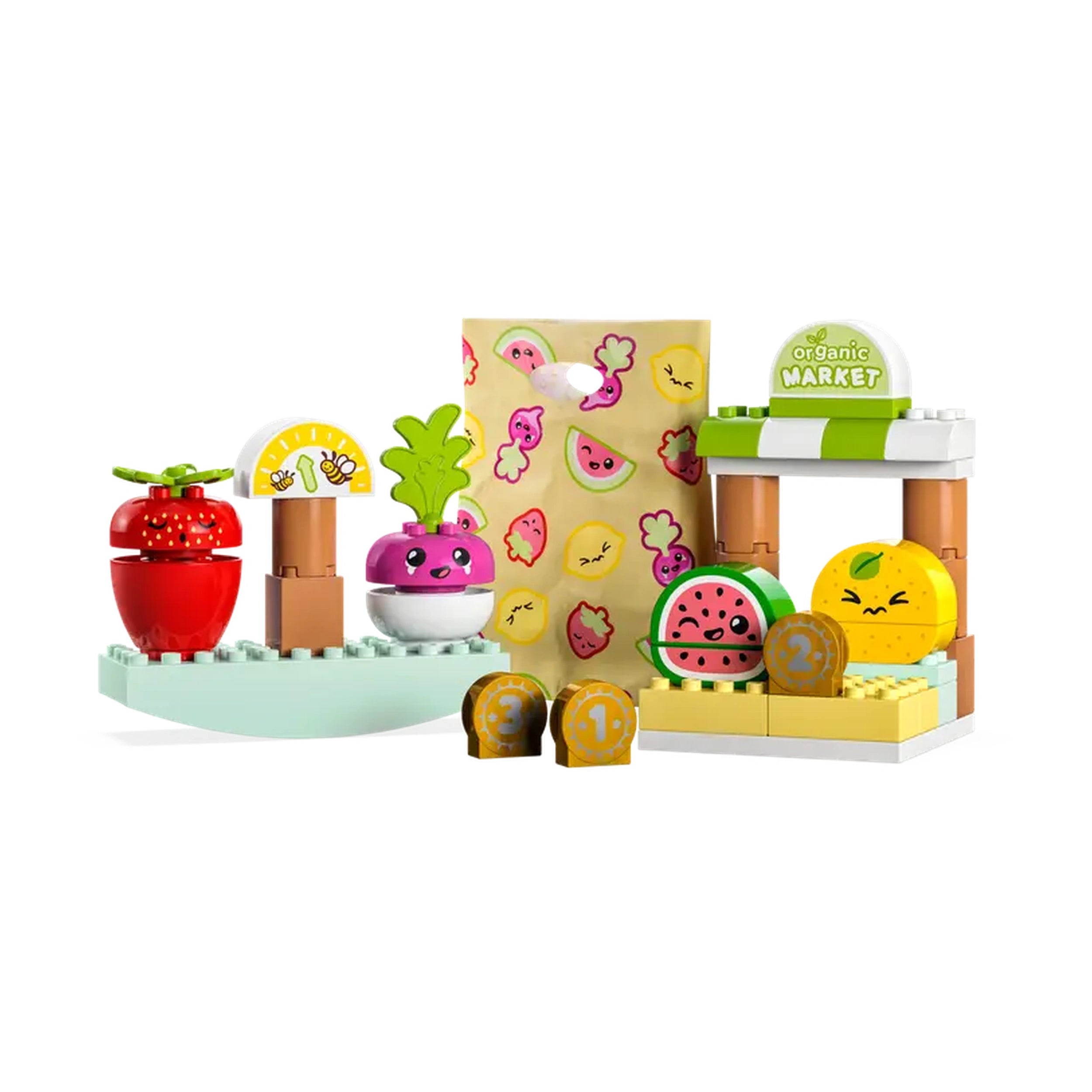 Brightly colored LEGO® DUPLO® Organic Market set featuring toy fruits like watermelon, lemon, and strawberry, along with scales and coins. A playful grocery theme for toddlers, enhancing learning through imaginative play.
