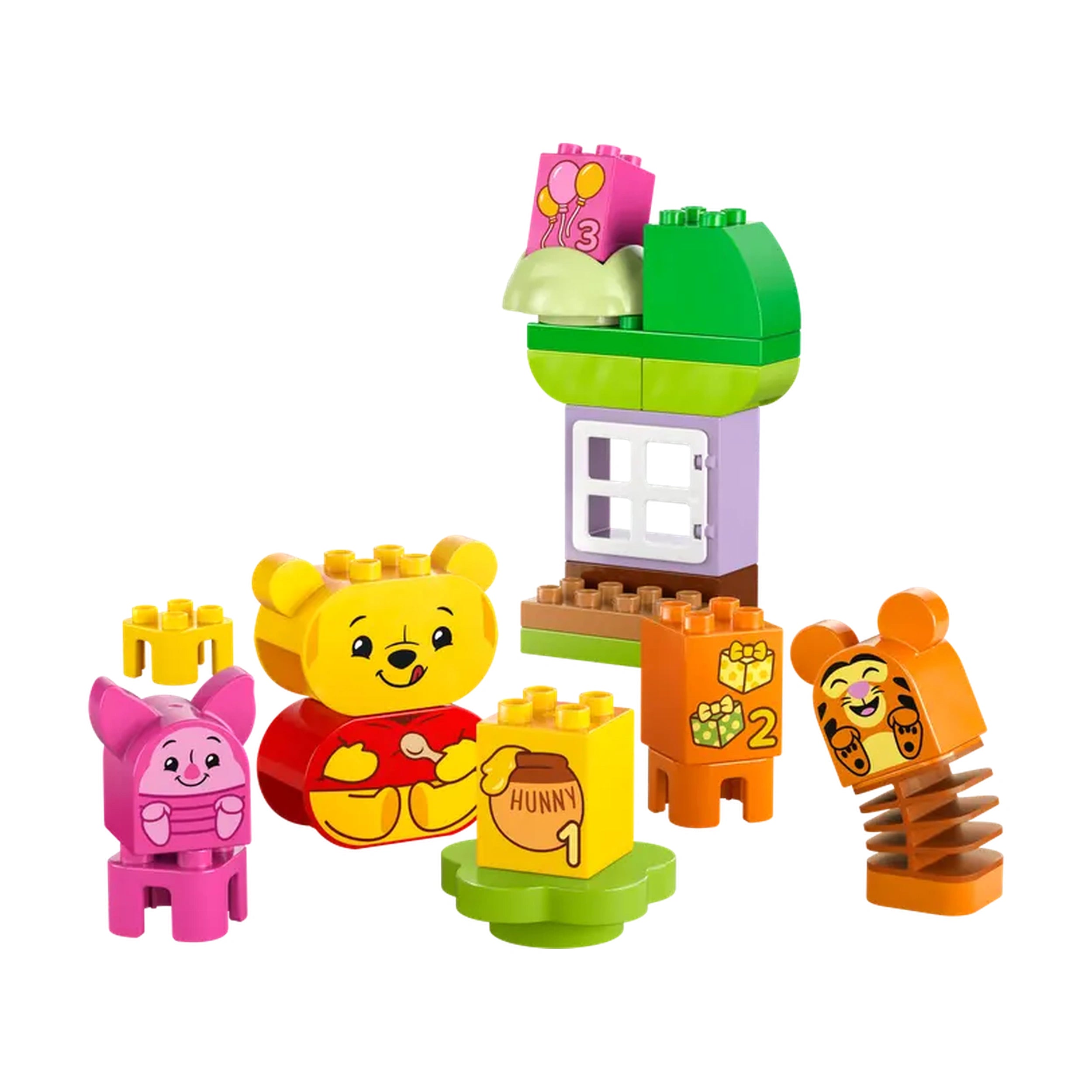 LEGO® DUPLO® Disney Winnie the Pooh’s Birthday Party set featuring Winnie the Pooh, Tigger, and Piglet with colorful building blocks, a gift, and a honey pot.